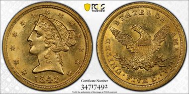 1842-C $5 Large Date MS64