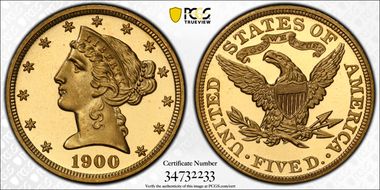 1900 $5 PR67DCAM