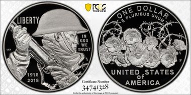 2018-P $1 WWI Centennial First Strike PR70DCAM