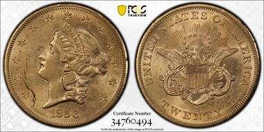 1856-S $20 Split Serif S.S. Central America #2 (with Pinch) AU55