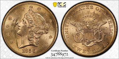 1856-S $20 No Serif, Spiked F S.S. Central America #2 (with Pinch) MS61