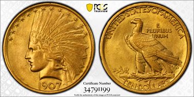 1907 $10 Indian AU58+ 