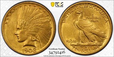 1908 $10 No Motto AU58