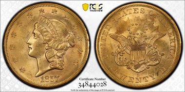 1857-S $20 Bold 7, Faint S S.S. Central America #2 (with Pinch) MS61