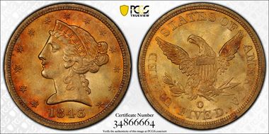 1843-O $5 Large Letters MS64