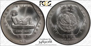 1994-Mo 5 Peso Chaac Mool  KM-574  Ag MS67