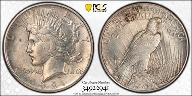 1921 $1 High Relief, Peace AU58