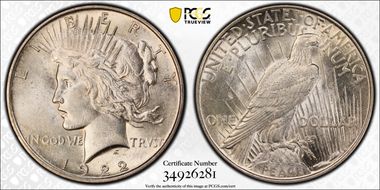 1922 $1 VAM 1E Gouge in Rays AU55