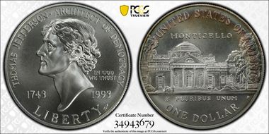 1993-P $1 Jefferson MS69