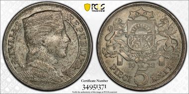 1932 5 Lat KM-9  Ag AU58