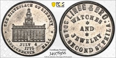 (1876) Token Pa-Ph 230 White Metal Lingg & Bro. MS62