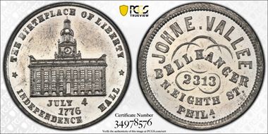(1876) Token Pa-Ph 797 White Metal John E. Vallee MS62