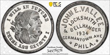 (1876) Token Pa-Ph 788 White Metal John E. Vallee MS64