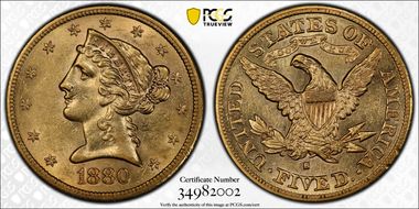 1880-S $5 AU58
