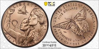 2018-W $5 Breast Cancer Awareness First Day of Issue Freedom pink label MS70