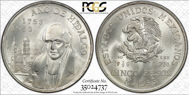1953-Mo 5 Peso Bicentennial of Hidalgo KM-468  Ag MS66