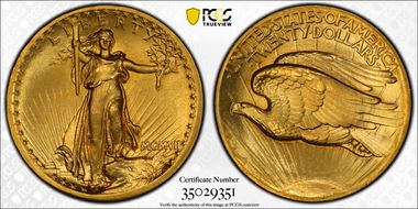 1907 $20 High Relief, Flat Edge MS66