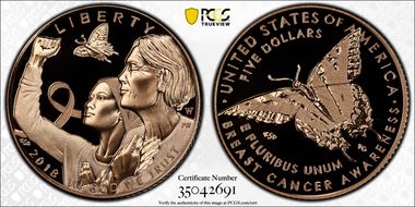 2018-W $5 Breast Cancer Awareness First Strike PR70DCAM