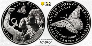 2018-P $1 Breast Cancer Awareness First Strike label PR69DCAM