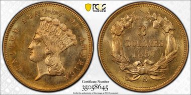 1857-S $3 S.S. Central America #2 (with pinch) MS63