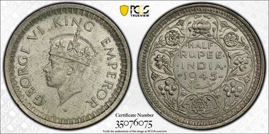 1945(B) 1/2 Rup SW-9.66 Small 5 MS62