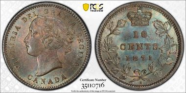 1871-H 10C Narrrow Date Wide 1 MS65