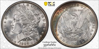 1886 $1 VAM 1C, 3+2 Rev. Clash MS66