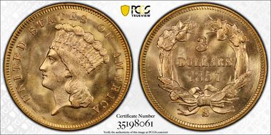 1857-S $3 S.S. Central America #2 (with pinch) MS67