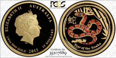 2013-P $25 Year of the Snake 1/4oz Au  Colorized PR70DCAM