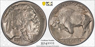 1937-D 5C 3 Legs AU58