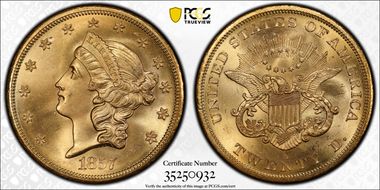 1857-S $20 Spiked Shield S.S. Central America #2 (with Pinch) MS66