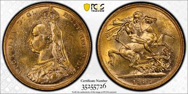 1887-M Sov S-3867A DISH M7 1st Obv Angled J MS61