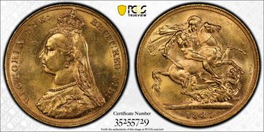 1887-M Sov S-3867A DISH M7 1st Obv Angled J MS62