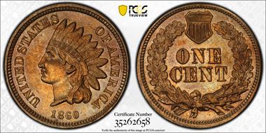 1860 1C Pointed Bust MS62