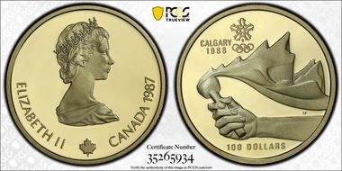 1987 $100 Calgary Winter Games LE  KM-158  Au PR69DCAM