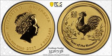 2017-P $5 Year of the Rooster 1/20oz Au MS70