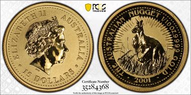 2001 $15 Kangaroo-Nugget 1/10oz Au MS69