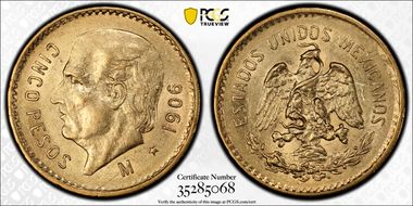 1906-M 5 Peso KM-464  Au AU58