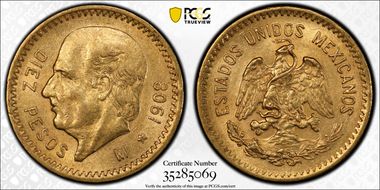 1908-M 10 Peso KM-473  Au MS62