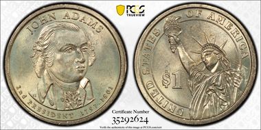 (2007) $1 Missing Edge Lettering John Adams MS65