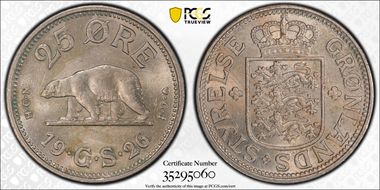 1926 HCN GJ 25 Øre KM-5 w/o Hole MS63