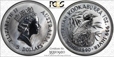 1990 $5 Kookaburra Ag MS69