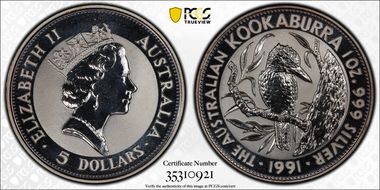 1991 $5 Kookaburra KM-138  Ag MS69