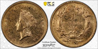 1856-S G$1 S.S. Central America #2 (with pinch) AU58