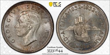 1952 5 Shil 300th Ann. of Capetown KM-41  Ag PR67