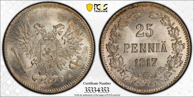 1917-S 25 Pen w/o Crown KM-19  Ag MS67