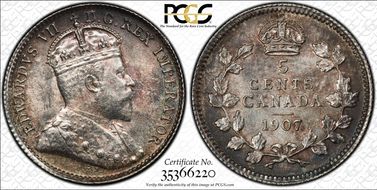 1907 5C Narrow Date Low 7 MS64