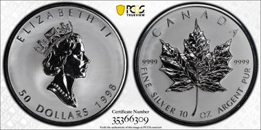 1998 $50 Maple Leaf/Ag 10th Ann PR65