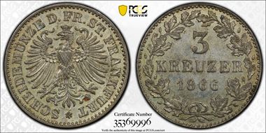 1866 3 Kr AU58