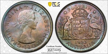 1953(m) Florin Small Rev. Denticles KM-54  Ag MS65
